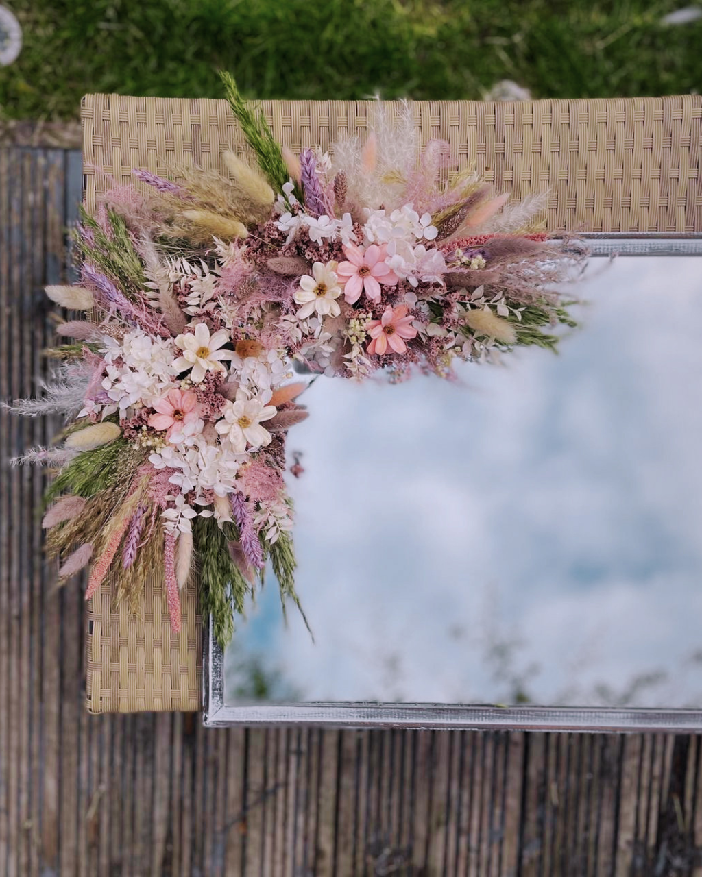 Purple Dried Flower Mirror Garland