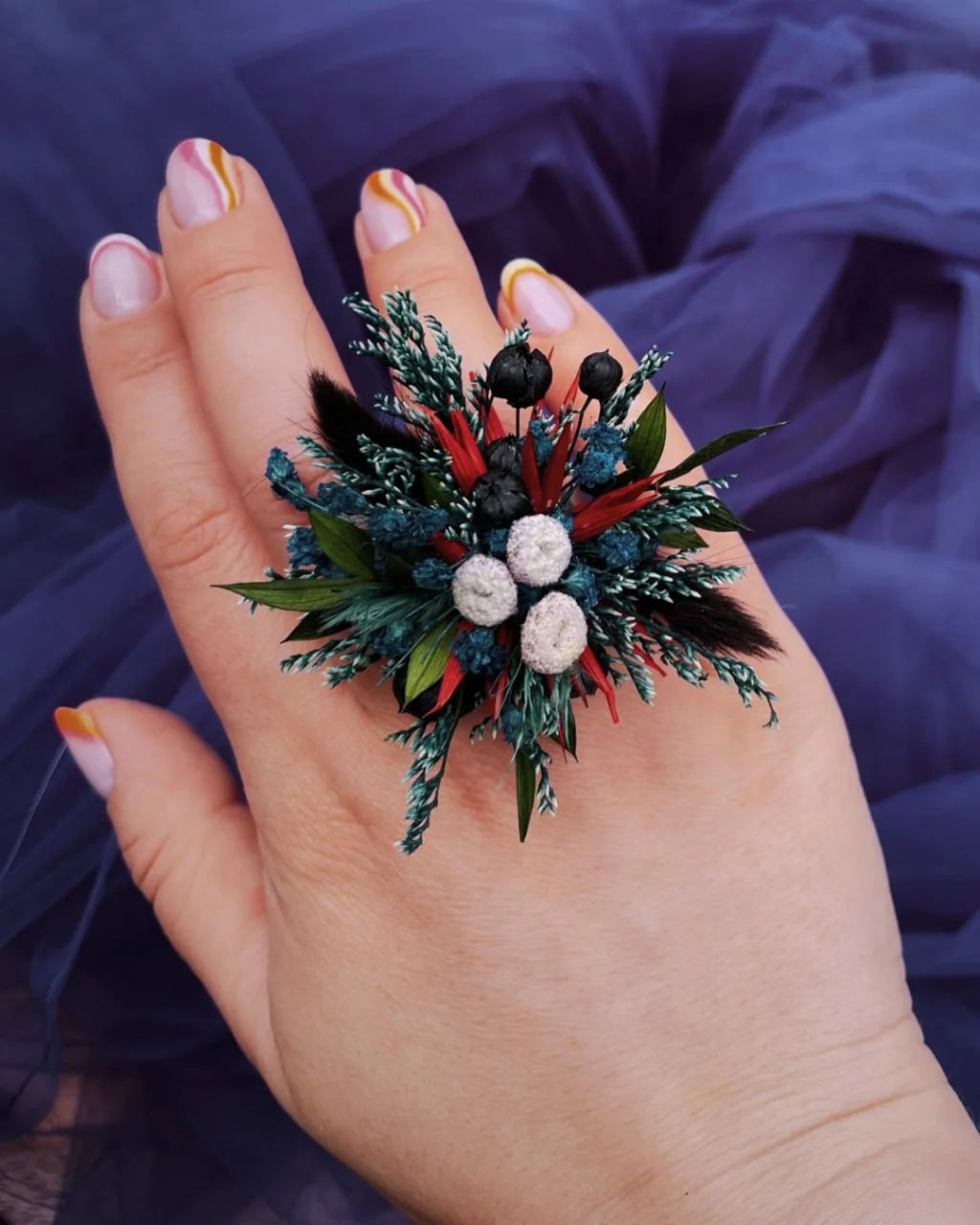 Red, blue and green dried-flower statement ring